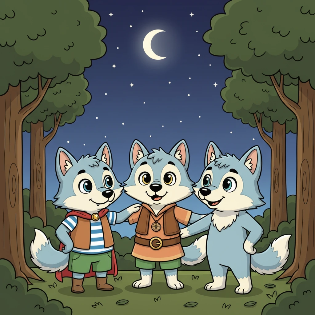 Under a serene dark blue night sky, dotted with countless white stars, the grey wolves smiled peacefully, surrounded by the tranquil dark green forest trees. This beautiful night served as a gentle reminder of important lessons learned: "Don’t be jealous. Always be honest. Unity and teamwork make you strong."