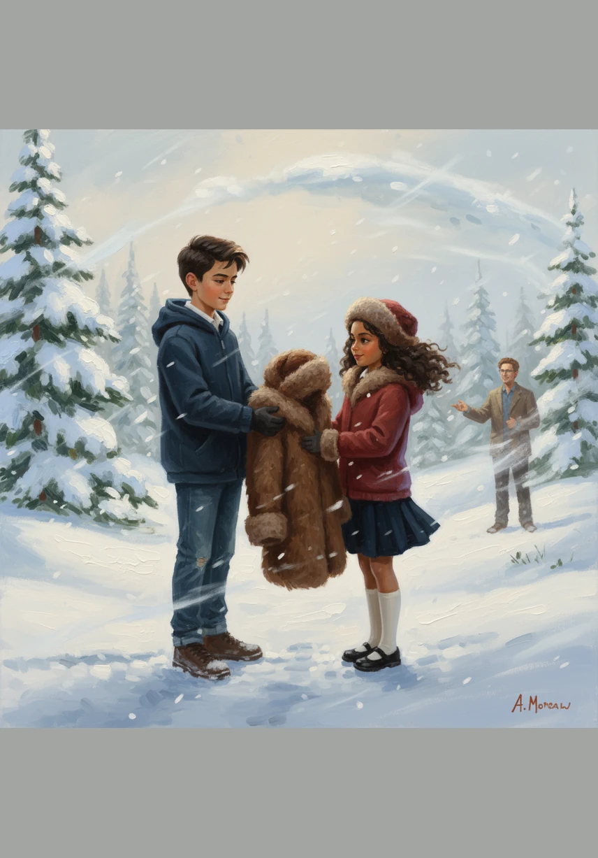 A cold wind begins to blow as the scenery shifts to a snowy landscape where a young boy offers Ayan a thick ton fur coat and a cozy boric hat. They learn that these fur garments are essential for staying warm, adding another piece to their growing collection of fashion secrets.