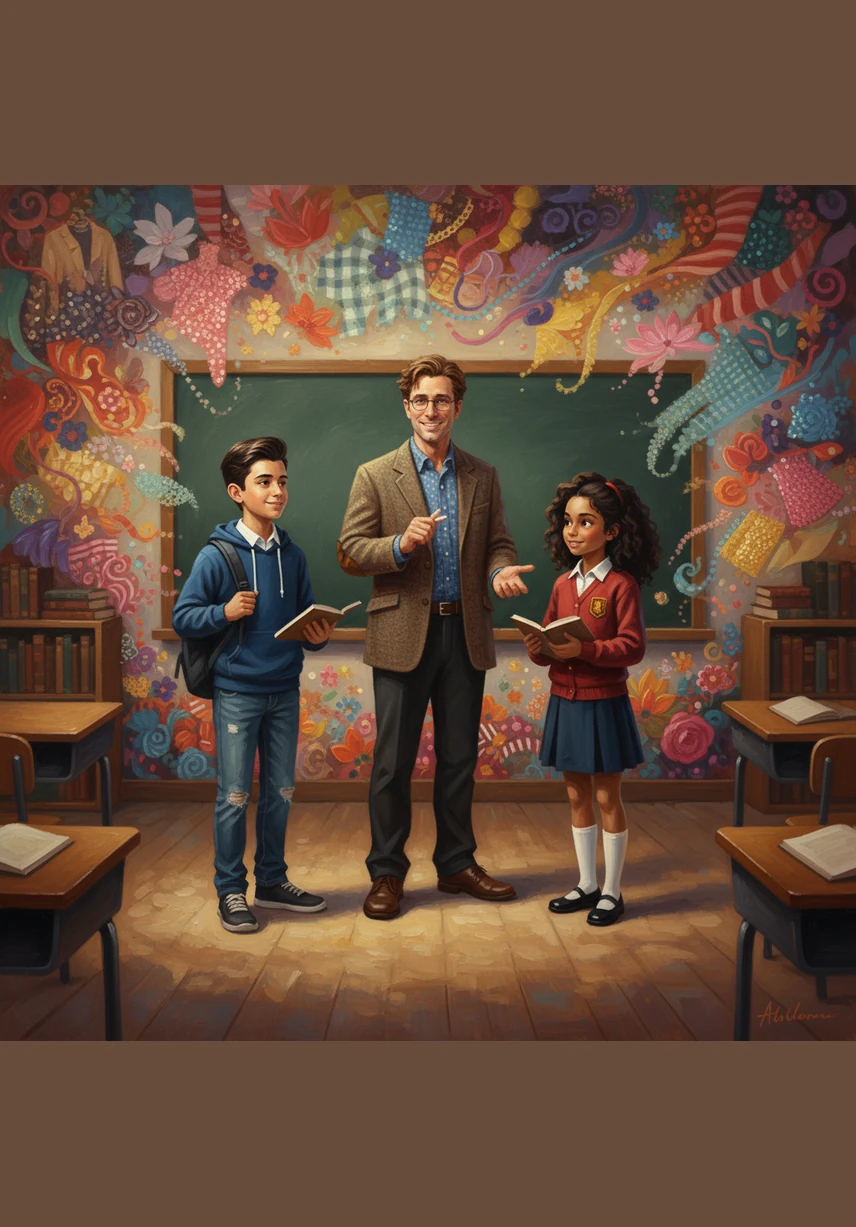 The teacher nods in approval, explaining that they didn't just find words, but truly understood the soul of fashion. The classroom walls seem to shimmer with the patterns and textures of all the clothes they saw on their adventure.