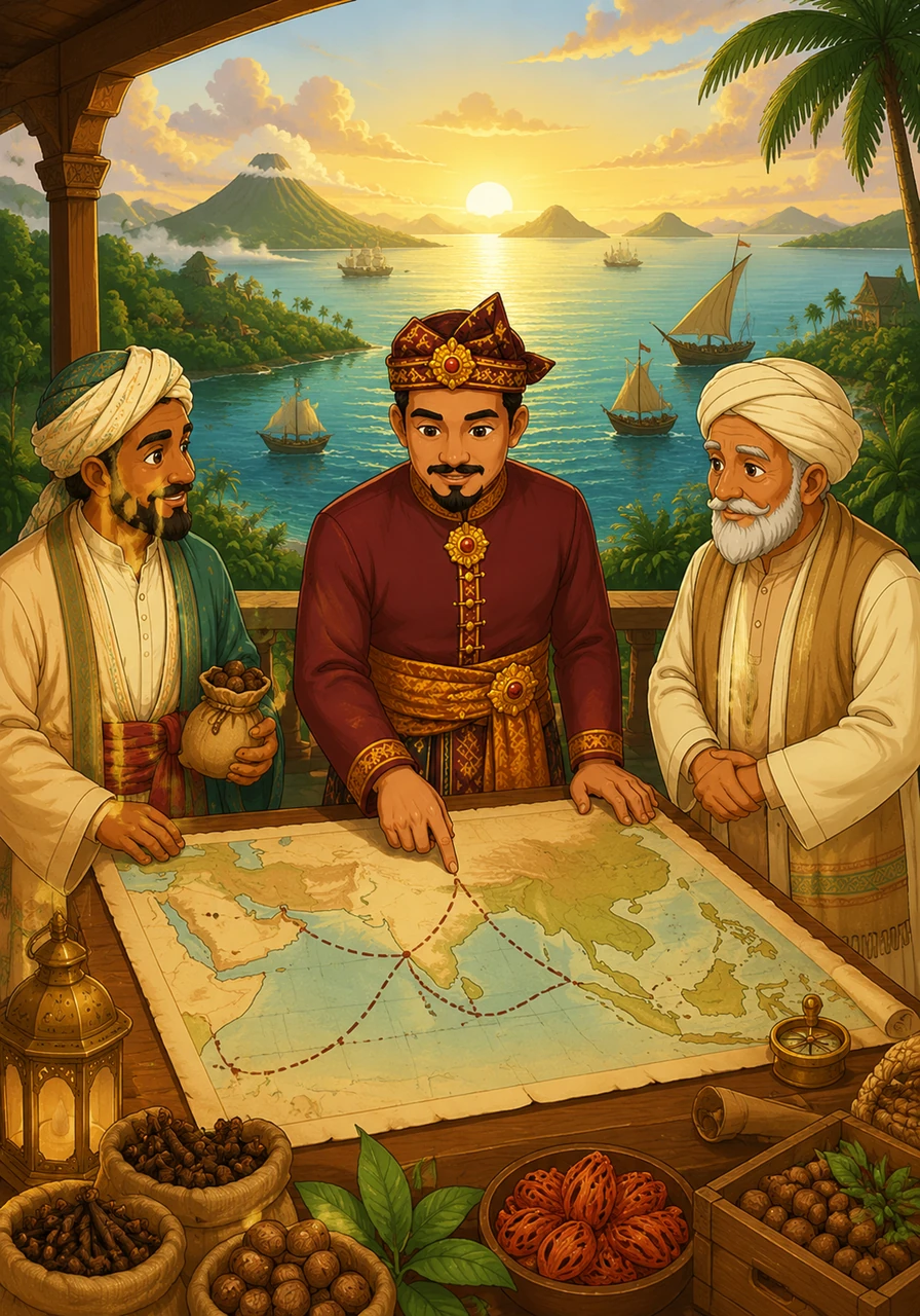 The sun rises over the vast Maluku archipelago, casting a golden glow on the turquoise waters where the world's most valuable spices grow. Ancient maps reveal the intricate trade routes connecting these remote islands to the distant lands of Arabia, Persia, and Gujarat.
