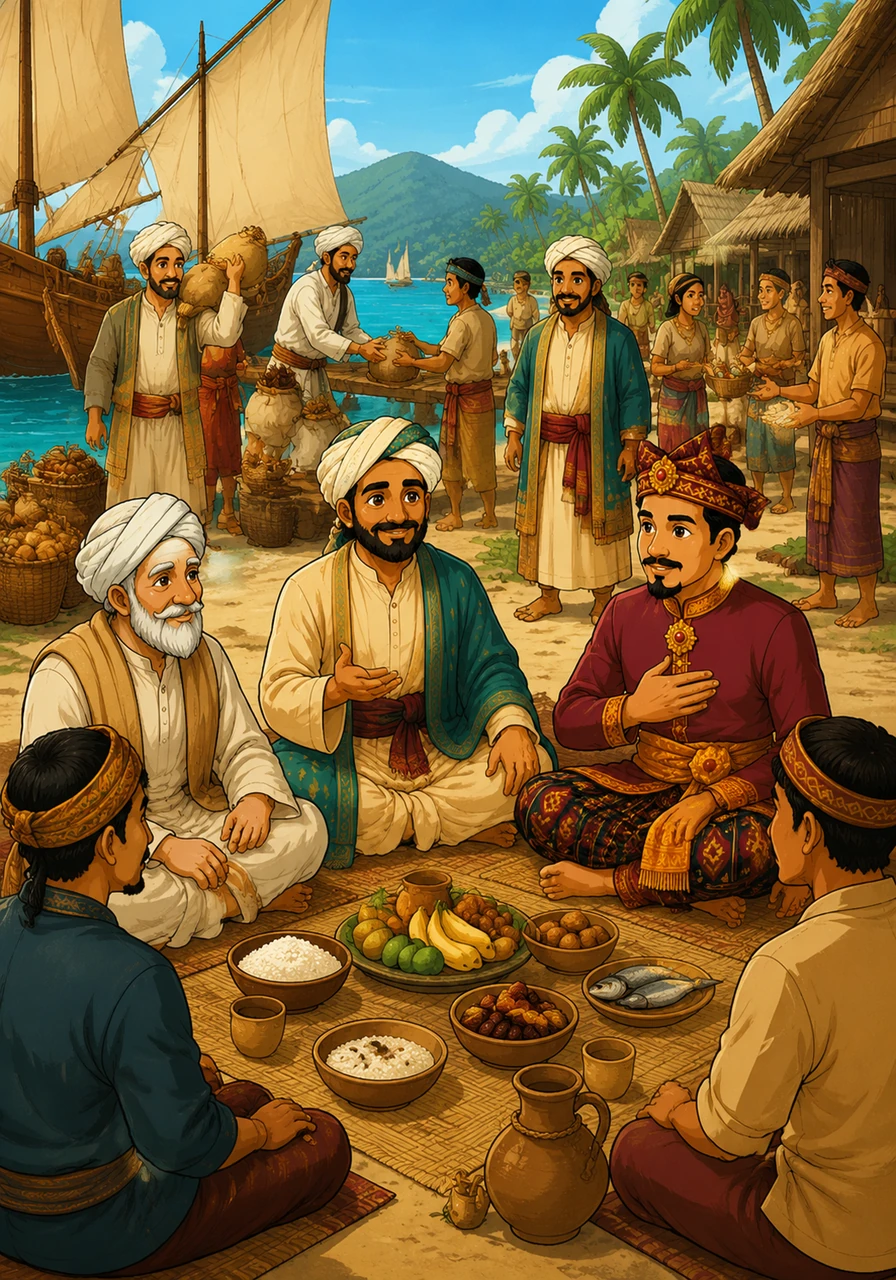 Muslim traders from Arab lands and Gujarat arrive on wooden dhows, bringing not just goods, but a new way of life and faith. They settle in the coastal villages, interacting peacefully with the locals through trade, shared meals, and deep respect for the indigenous customs.