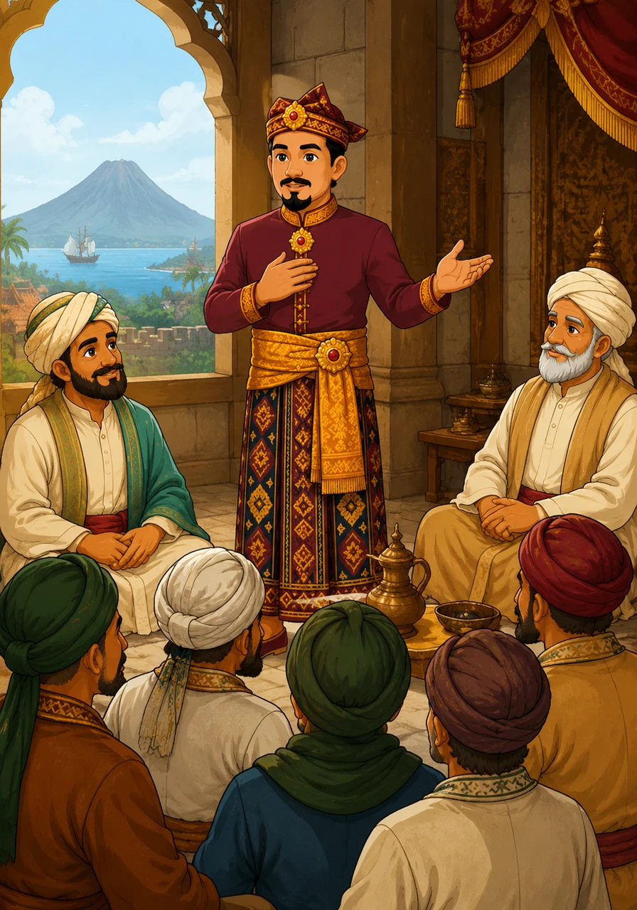 Sultan Zainal Abidin of Ternate returns from his studies in Java, bringing a renewed vision for his kingdom under the principles of Islam. Within the stone walls of the royal palace, he leads his people toward a new era of governance, blending traditional Maluku authority with Islamic law.