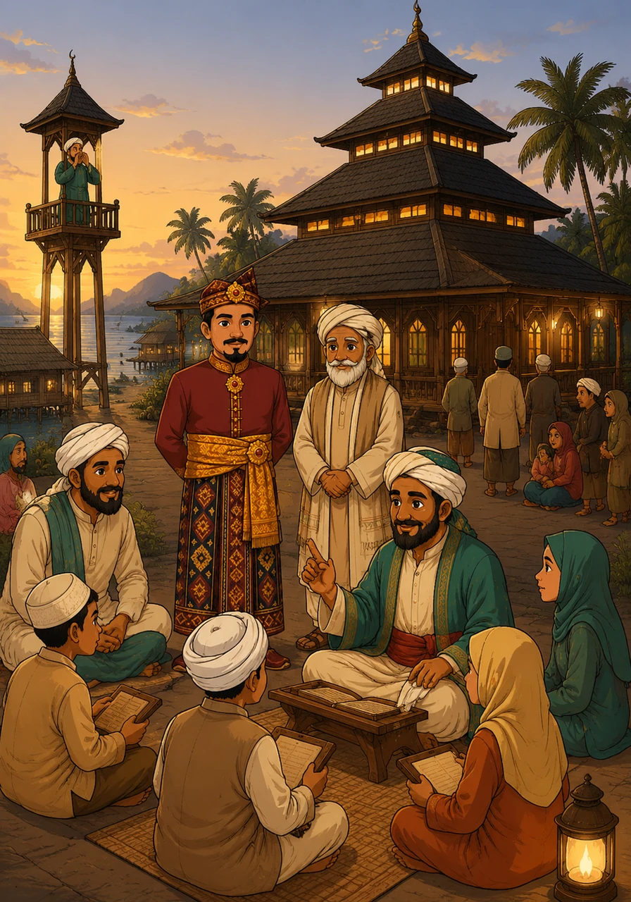 Across the islands, the sound of the call to prayer begins to rise from the first traditional mosques, built with distinctive tiered roofs and local timber. Families gather in the evenings to learn the Arabic-Malay script, marking a new chapter of literacy and spiritual growth for the common people.
