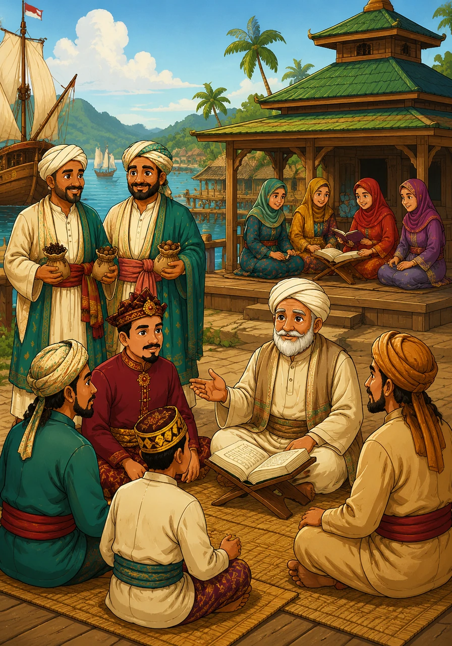 The coastal communities transform into centers of religious learning, where the values of Islam are harmonized with the ancient traditions of the sea. Men and women adopt new styles of dress influenced by Islamic modesty, yet uniquely Malukan in their colorful patterns and fabrics.