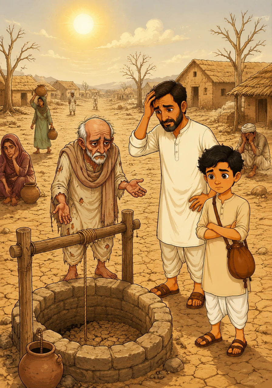 एक साल गाँव में भीषण सूखा पड़ा, जिससे कुएँ पूरी तरह सूख गए और कभी लहलहाते खेत अब बंजर ज़मीन में बदल गए थे। गाँव के लोग बहुत परेशान थे और हर तरफ पानी की भारी किल्लत हो गई थी।