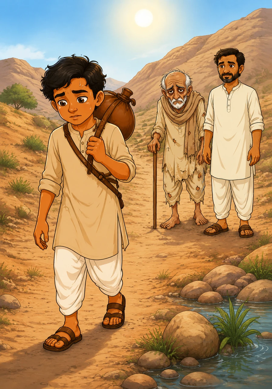 हर रोज़ की तरह, यूसुफ अपने पिता की मदद करने के लिए दूर के एक चश्मे से पानी लाने के लिए लंबी यात्रा पर निकला। कड़ी धूप में पानी की मशक कंधे पर लादकर चलना बहुत थका देने वाला काम था।
