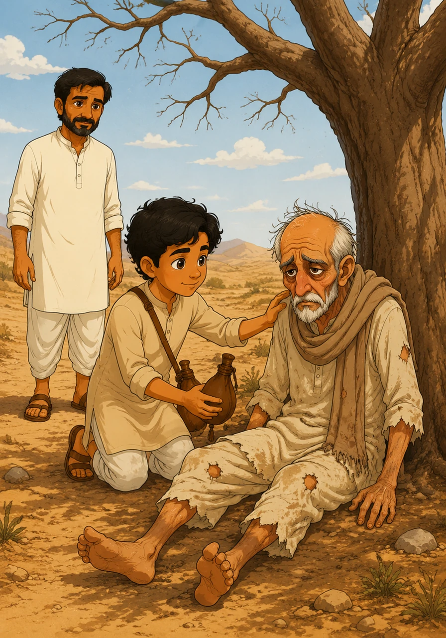 घर लौटते समय, यूसुफ की नज़र एक बूढ़े मुसाफ़िर पर पड़ी जो एक सूखे पेड़ की छाया में बेहाल बैठा था। वह मुसाफ़िर प्यास और थकान से इतना कमज़ोर हो गया था कि उसके पास चलने की भी शक्ति नहीं बची थी।