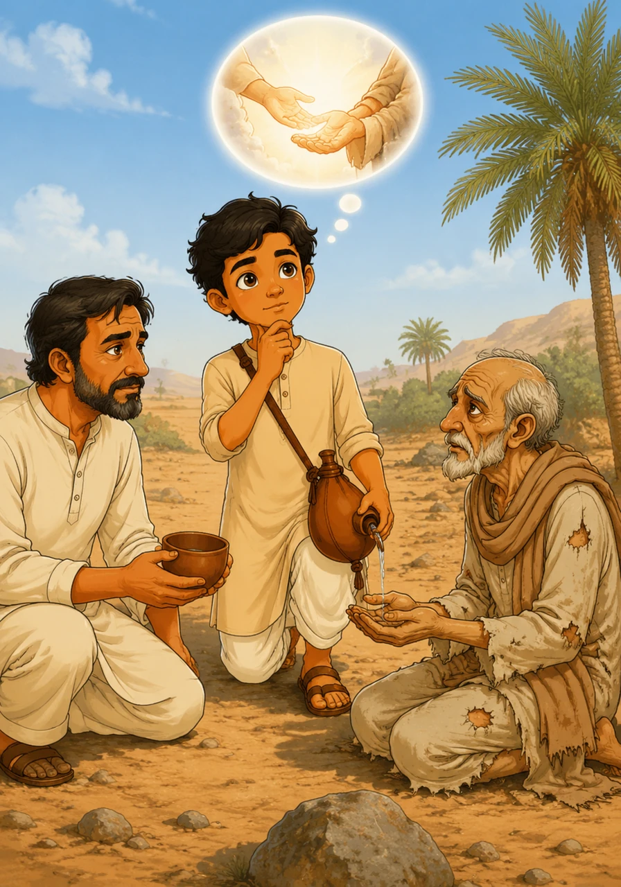 यूसुफ के पास अपनी मशक में बहुत कम पानी बचा था और उसे खुद भी बहुत तेज़ प्यास लगी थी। एक पल के लिए वह सोच में पड़ गया, फिर उसे याद आया कि अल्लाह के लिए की गई भलाई का बदला वह ज़रूर देता है।