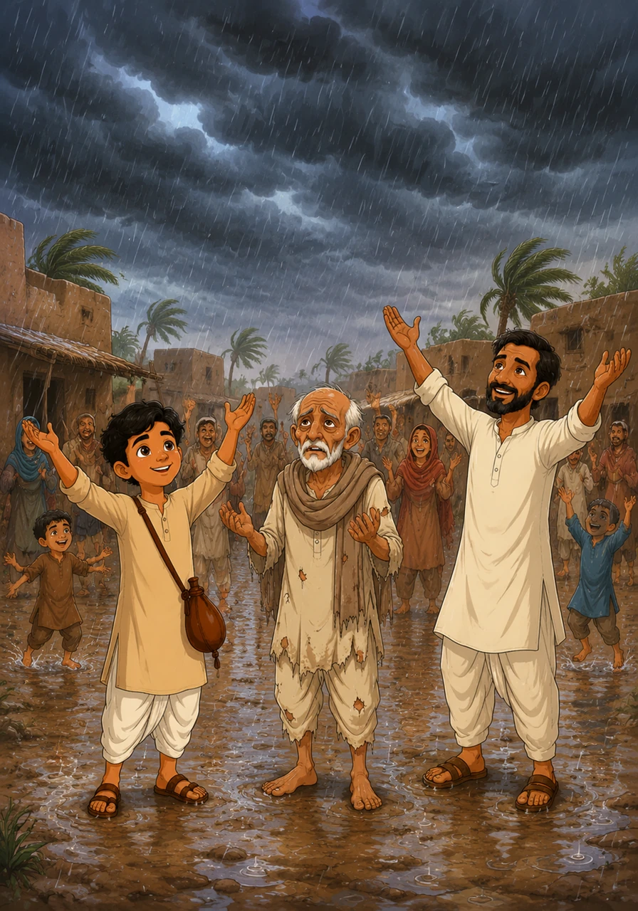 तभी अचानक आसमान में काले घने बादल छा गए और ठंडी हवाएँ चलने लगीं। देखते ही देखते मूसलाधार बारिश होने लगी और पूरा गाँव खुशी से झूम उठा, हर तरफ 'अल्हम्दुलिल्लाह' की आवाज़ें गूँजने लगीं।
