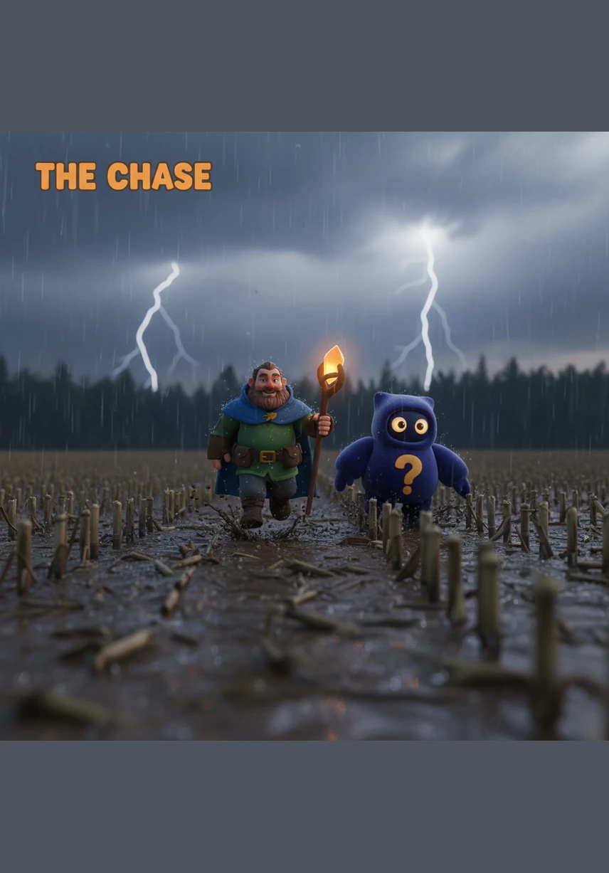 A sudden crash echoed from the floor above, and Silas caught a glimpse of a dark figure darting through the rain-slicked fields outside. He gave chase, his lungs burning as he sprinted through the mud and the blinding downpour of a sudden Midwestern storm.