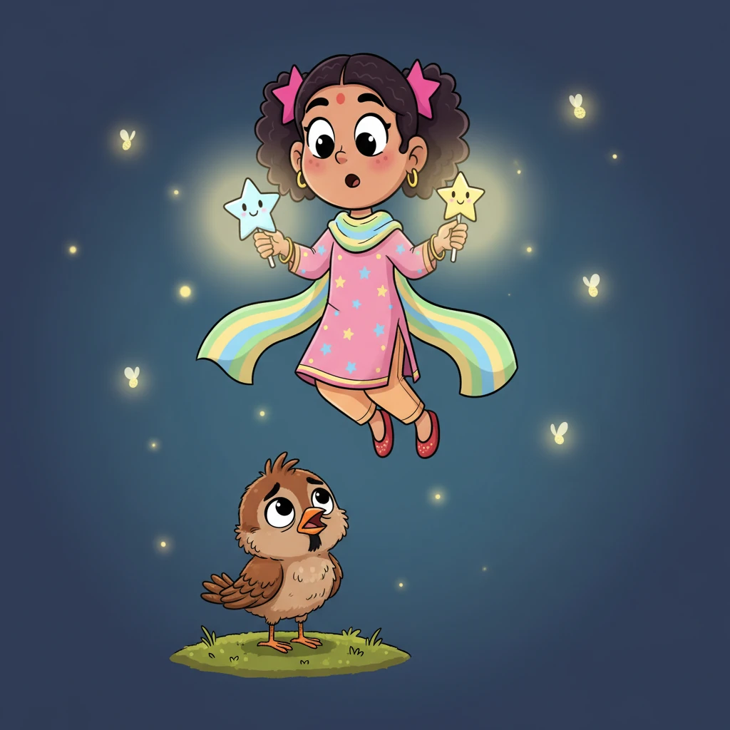 Flick, himmat karke Twinkle ke paas aaya, uska sharir thoda kaanp raha tha. Usne Twinkle ki taraf dekha aur dheere se kaha, “Twinkle, please mera raasta light kar do na? Main kho gaya hoon.” Twinkle uski taraf dekhti rahi, abhi bhi apni poori chamak mein, uski baat sunte hue.