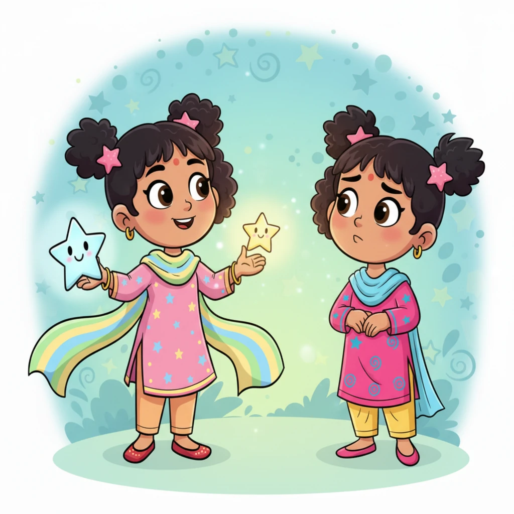 Luna ne Twinkle ko samjhaya, “Twinkle, light tabhi awesome lagti hai jab share ki jaaye. Dusron ki help karne se tum kam nahi chamakti — actually, tum aur zyada glow kar jaati ho.” Uski awaaz bahut hi meethi aur sukoon dene wali thi. Twinkle ne dhyan se suna, uske chehre par soch ke bhaav the.