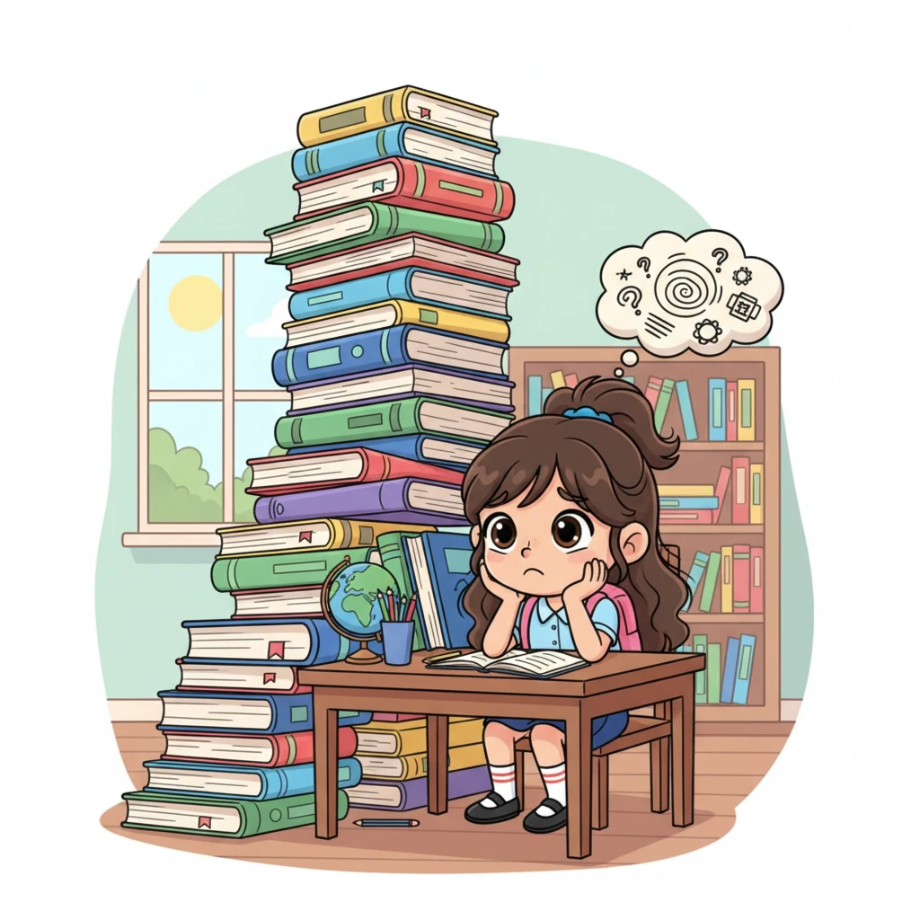 Lily sat at her desk, a pile of English textbooks looming before her like a mountain. She used to love learning, but lately, she found it hard to get back into English, feeling overwhelmed by all the words and rules.
