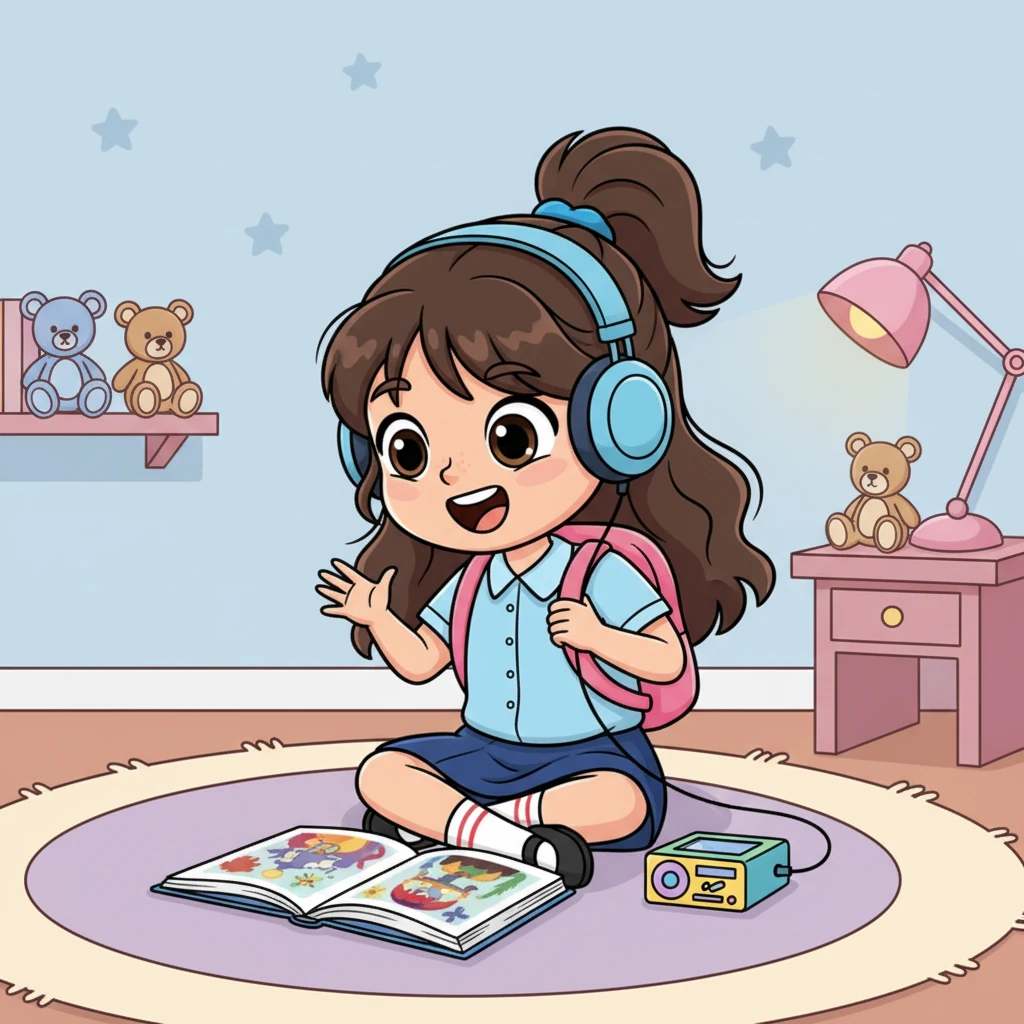 Excited, Lily brought the book home and put on her headphones, mimicking the sounds she heard. It felt a little strange at first, but she decided to try, starting little by little, repeating phrases and sentences aloud.