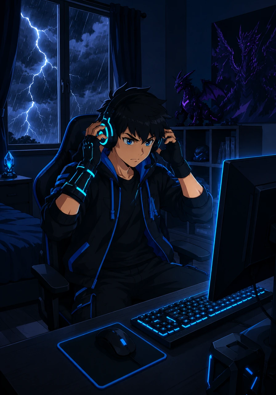 Deep in his room, Zander adjusted his glowing headset as his computer screen flickered to life. A massive storm rumbled outside, casting long shadows across his gaming desk.