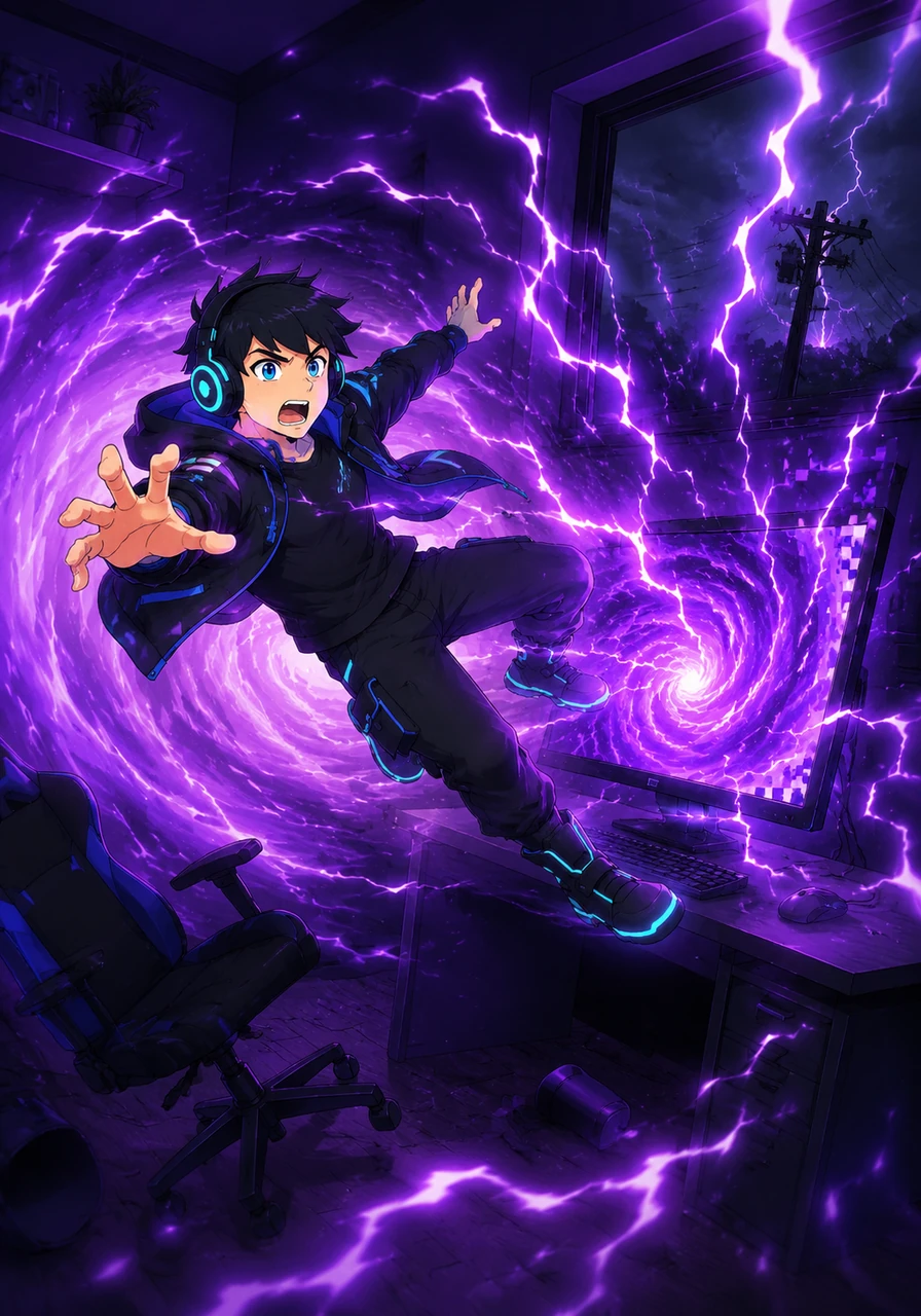 Suddenly, a brilliant bolt of lightning struck the power grid outside, sending a surge of energy straight into his monitor. The screen erupted in a brilliant swirl of deep purple light, pulling Zander right out of his chair.