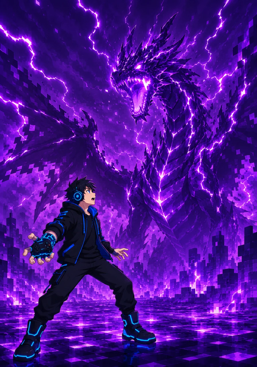 Zander opened his eyes to find himself standing inside a vast, digital landscape glowing with vibrant purple hues. High above, crackling neon lightning arched across a pixelated sky, spelling out the words Zander Gaming in giant, electric letters.