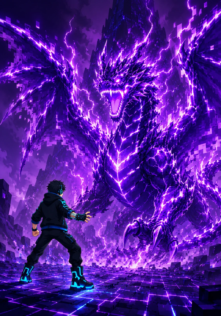 From the shadow of a glowing violet mountain, a massive digital dragon made of pure static and lightning emerged. It roared, shaking the pixelated ground beneath Zander's glowing boots.
