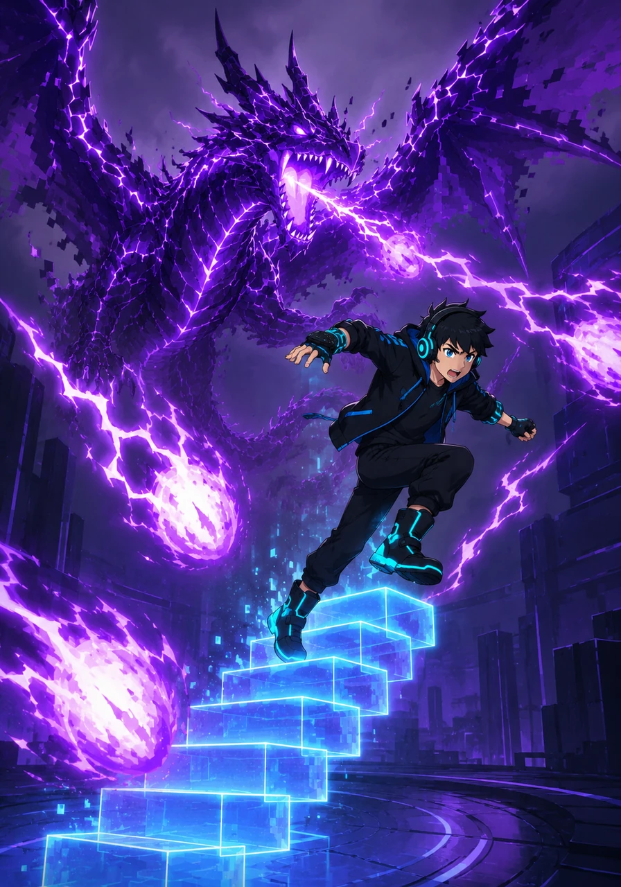 Zander leaped into action, using his agility to dodge the electric pulses fired by the storm dragon. He scrambled up a staircase of floating, holographic blocks that materialized with each step he took.