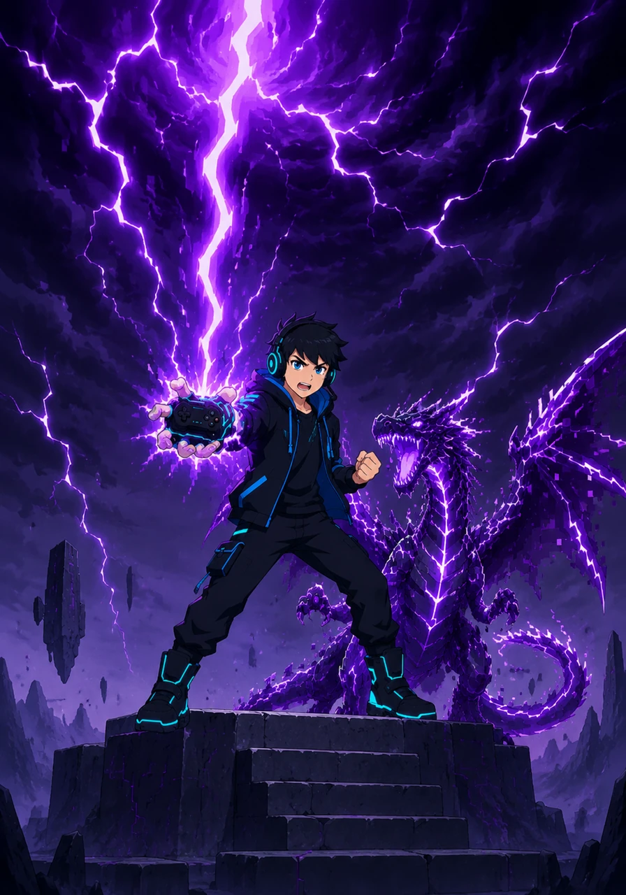 Reaching the highest platform, Zander channeled the ambient purple lightning directly into his controller, charging it with immense energy. The sky grew dark, concentrating all the power of the storm right above him.