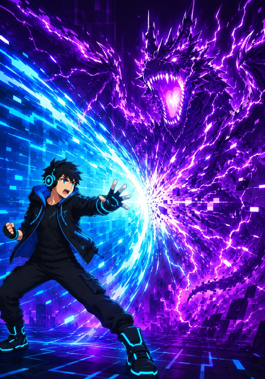 With a decisive shout, Zander unleashed a massive wave of neon energy that lit up the entire digital realm. The blast intercepted the dragon's static roar, creating a dazzling display of sparks and light.