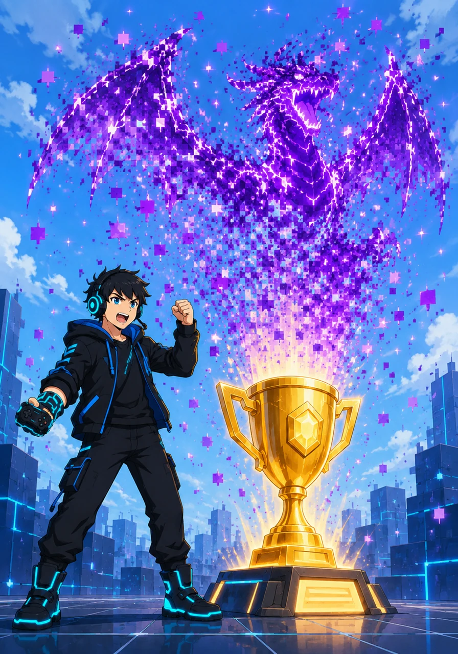 The digital dragon dissolved into a harmless shower of sparkling purple pixels, leaving behind a glowing golden victory trophy. The words Level Complete flashed brilliantly across the clear sky.