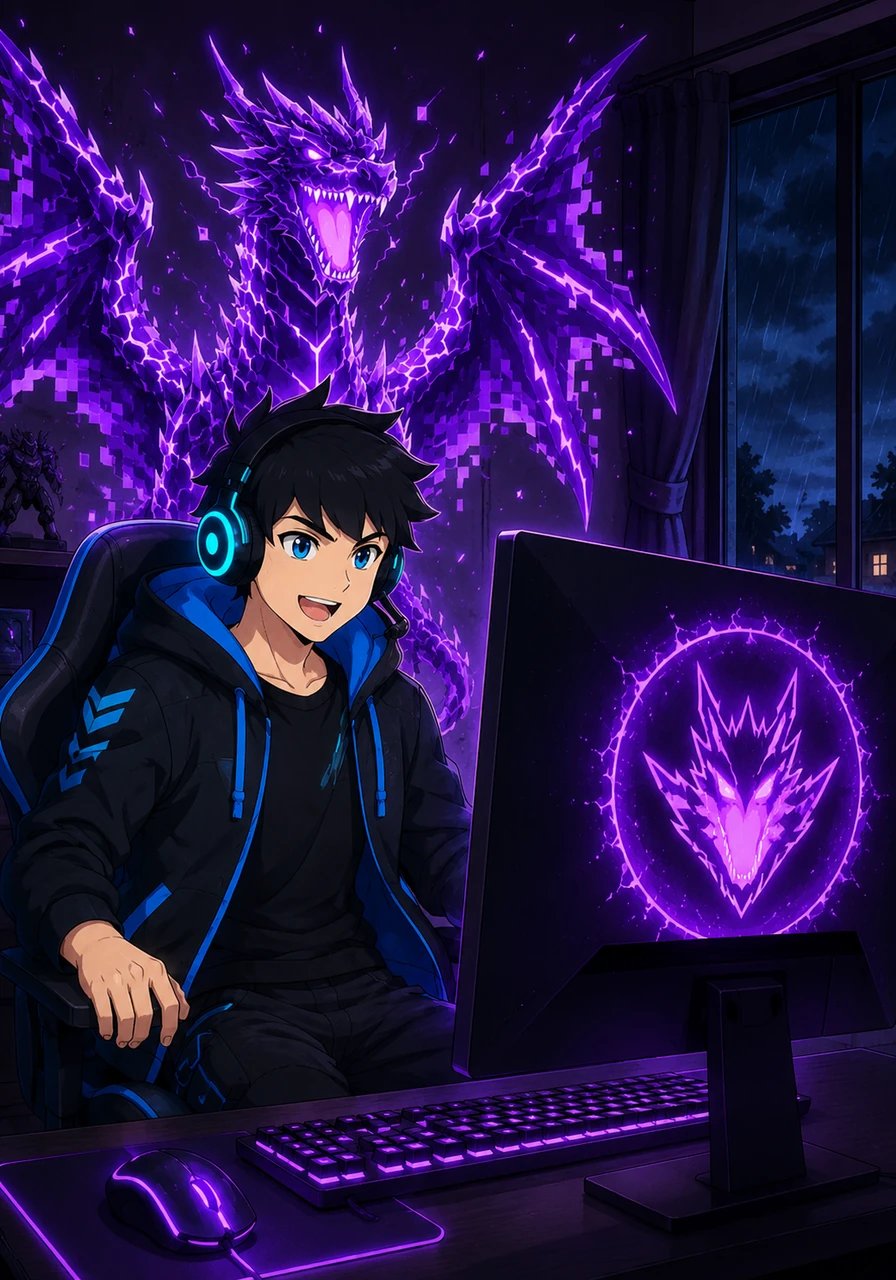 As the virtual world began to fade, Zander woke up back in his gaming chair, the storm outside now quiet. He smiled, seeing the Zander Gaming logo on his screen pulsing with a faint, magical purple glow.