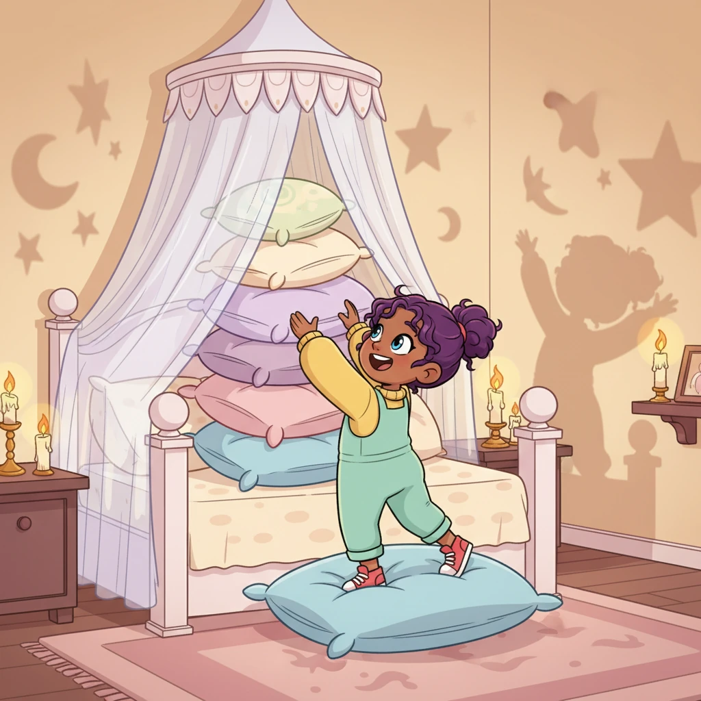 The bedroom is a wonderland of soft glow, with oversized, plush pillows stacked high on a grand, canopy bed. Warm, dancing candlelight casts playful shadows of whimsical patterns on the walls, making the room feel like a cozy, magical cave.
