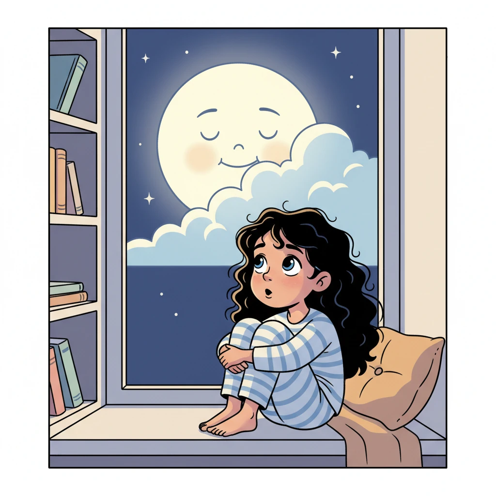 Lily, with her bright, expressive eyes and a cascade of dark hair, sits curled on a window seat, a gentle sigh escaping her lips. A giant, friendly moon peeks from behind a fluffy cloud outside, mirroring her thoughtful gaze.