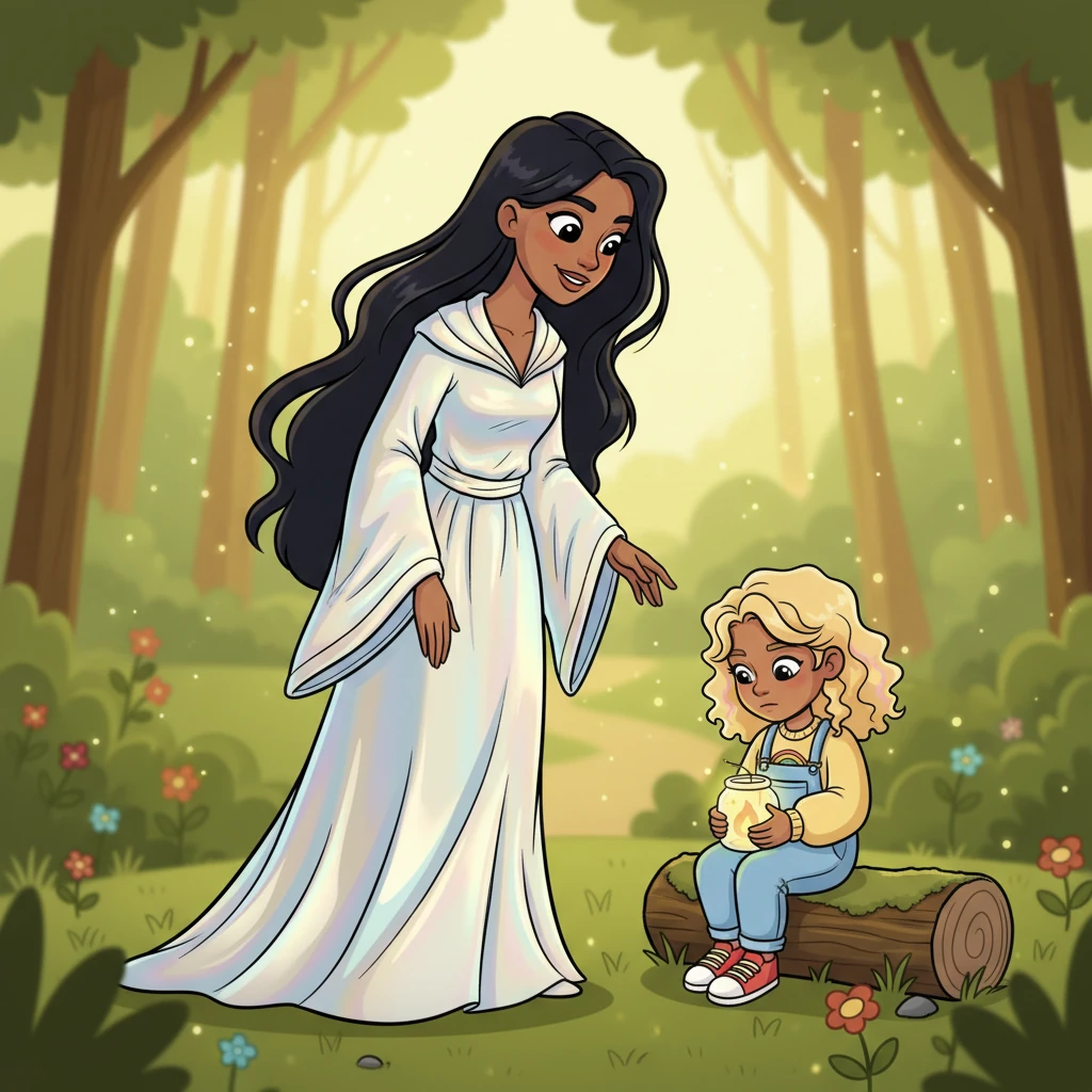 Elara, graceful and elegant in a flowing silk robe that shimmers like liquid moonlight, notices Lily's quiet moment. Her long, dark hair seems to ripple as she tilts her head, her caring smile a beacon of warmth.