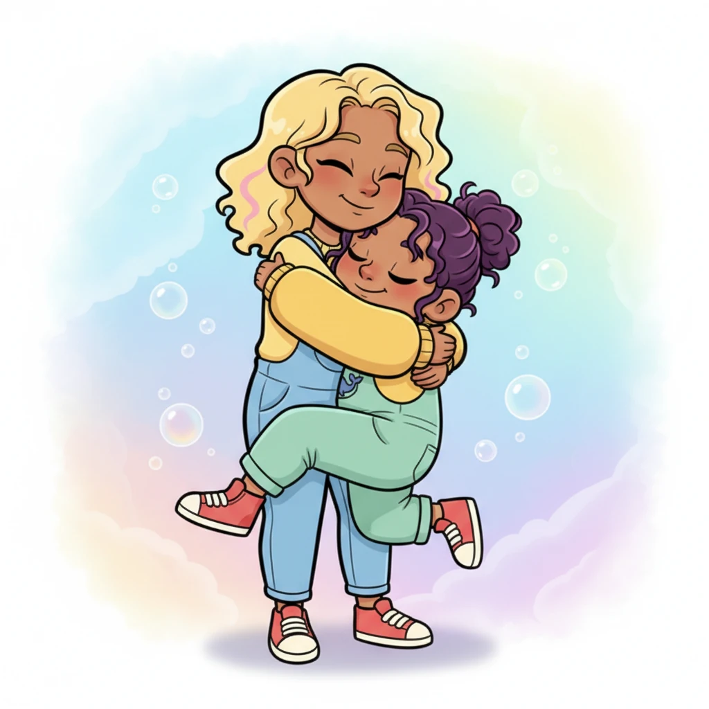 Lily melts into Elara's embrace, a perfect fit of warmth and comfort. Their figures are a charming tangle of soft fabrics and loving arms, creating a cozy cocoon where all worries float away like tiny bubbles.