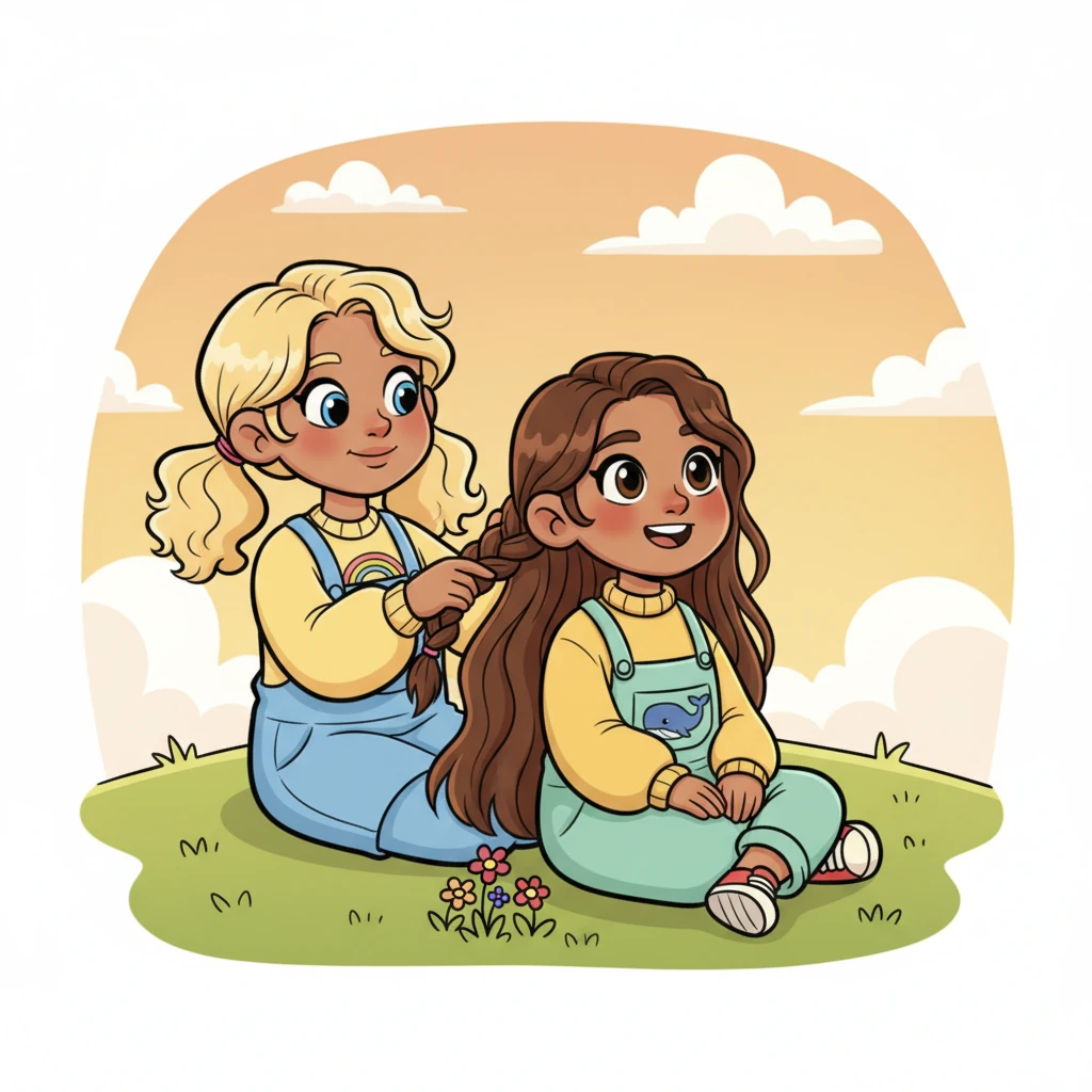 Elara gently brushes Lily's long hair, beginning to braid it with practiced, loving fingers. Each strand woven together feels like a promise, strengthening the invisible threads that connect their hearts.