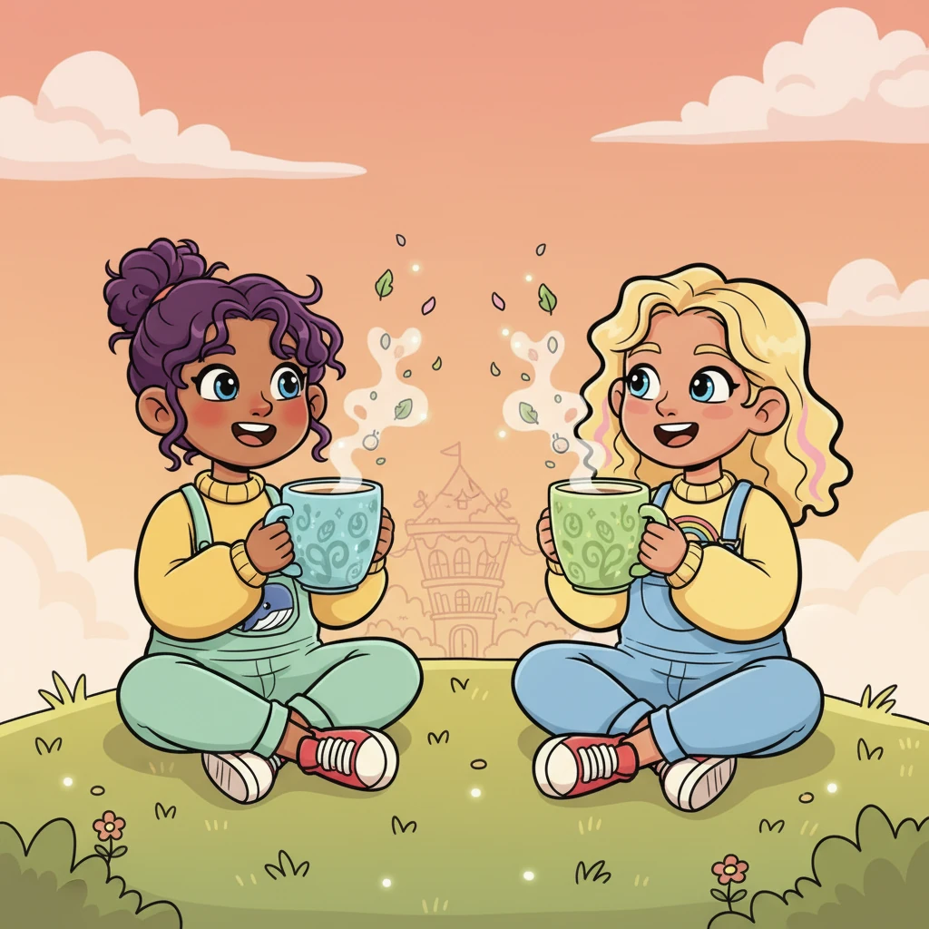 A pair of whimsical, oversized mugs filled with steaming, fragrant herbal tea appear as if by magic. They sip slowly, their laughter bubbling up like tiny, cheerful bells, sharing stories and dreams.
