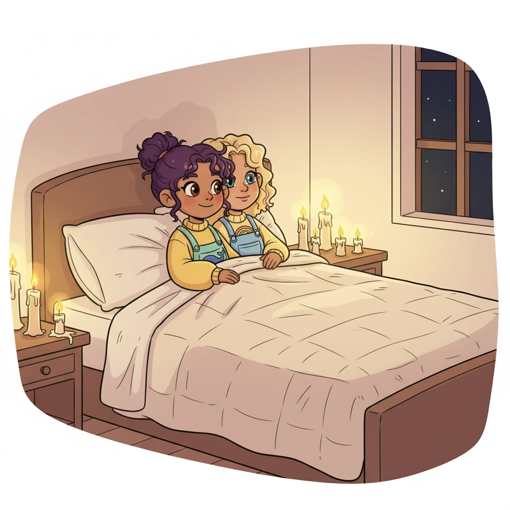 Nestled together on the plush bed, surrounded by the soft glow, they feel perfectly safe and loved. The candlelight flickers happily, painting their faces with a warm, golden hue, a picture of pure contentment.