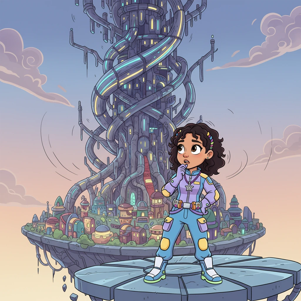 Elara, a young woman with bright, curious eyes, stood on a floating platform, gazing up at the colossal Star-Weaver that hummed above her city. Its intricate, glowing conduits usually pulsed with vibrant cosmic energy, but today, its light was dimmer, a faint tremor running through the ancient structure. Her city, built into the Star-Weaver's metallic roots, seemed to hold its breath.