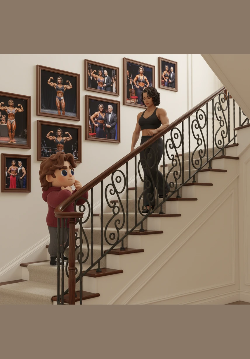 As they climbed the ornate iron staircase, the walls told the story of Brandy’s past through framed photographs of bodybuilding stages and gala events. Enzo noticed the stark contrast between Brandy’s timeless, shredded form and Jerry’s aging appearance in the later photos. These images were the only hint of history in the otherwise spotless house.
