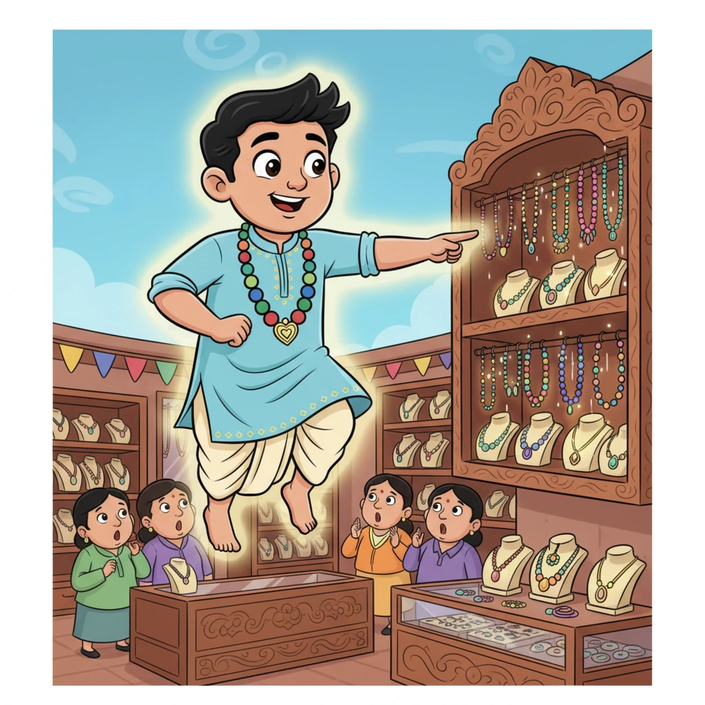 विश्वास, एक प्यारा और चमकता हुआ रक्षक, एक हलचल भरी गहनों की दुकान के ऊपर तैर रहा है। वह समझाता है कि असली खजाने सिर्फ़ चमकीले सोने के नहीं होते, बल्कि उनके अंदर छिपे सपने, मेहनत और प्यार होते हैं। वह गहनों की एक शेल्फ की ओर इशारा करता है, जहाँ हर टुकड़ा एक कहानी के साथ चमक रहा है।