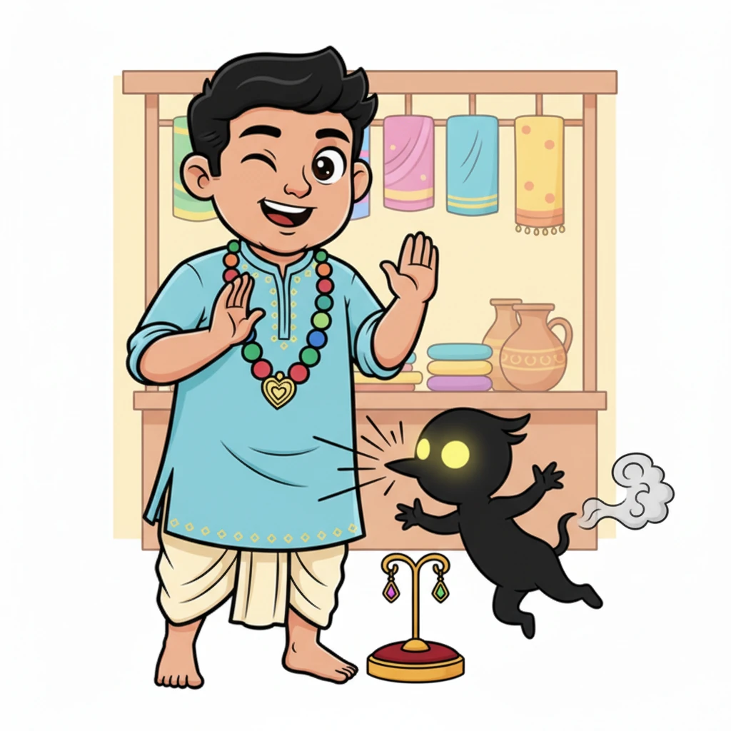 एक शरारती, छोटी सी छाया-जीव चुपचाप एक डिस्प्ले से एक छोटी सी बाली चुराने की कोशिश करता है। लेकिन विश्वास, एक चंचल आँख मारते हुए, उसके सामने आ जाता है, जिससे छाया-जीव की नाक टकराती है और वह खाली हाथ भाग जाता है। बाली सुरक्षित रूप से अपनी जगह पर रहती है।