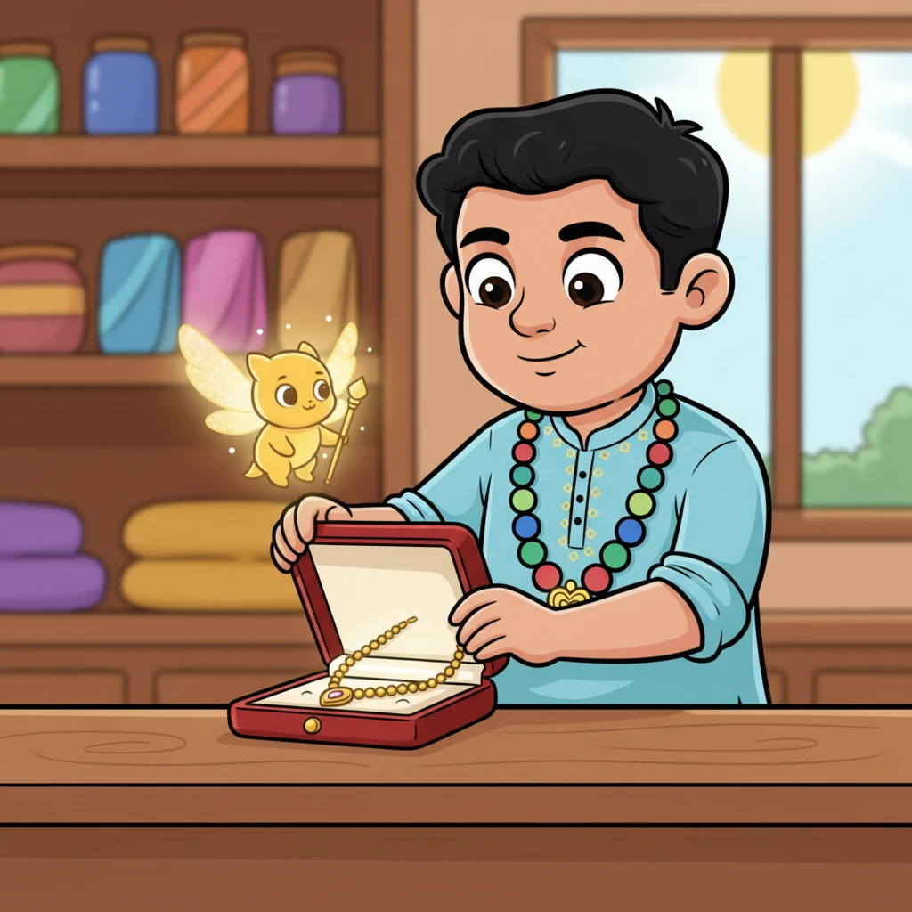 एक दयालु दुकानदार एक विशेष हार को दूसरी जगह पर प्रदर्शन के लिए मखमली डिब्बे में सावधानी से रखता है। विश्वास, एक छोटे, चमकते हुए यात्रा साथी की तरह, डिब्बे पर बैठ जाता है, यह सुनिश्चित करता है कि सड़क पर हर झटका कीमती सामान के लिए चिकना और सुरक्षित हो।