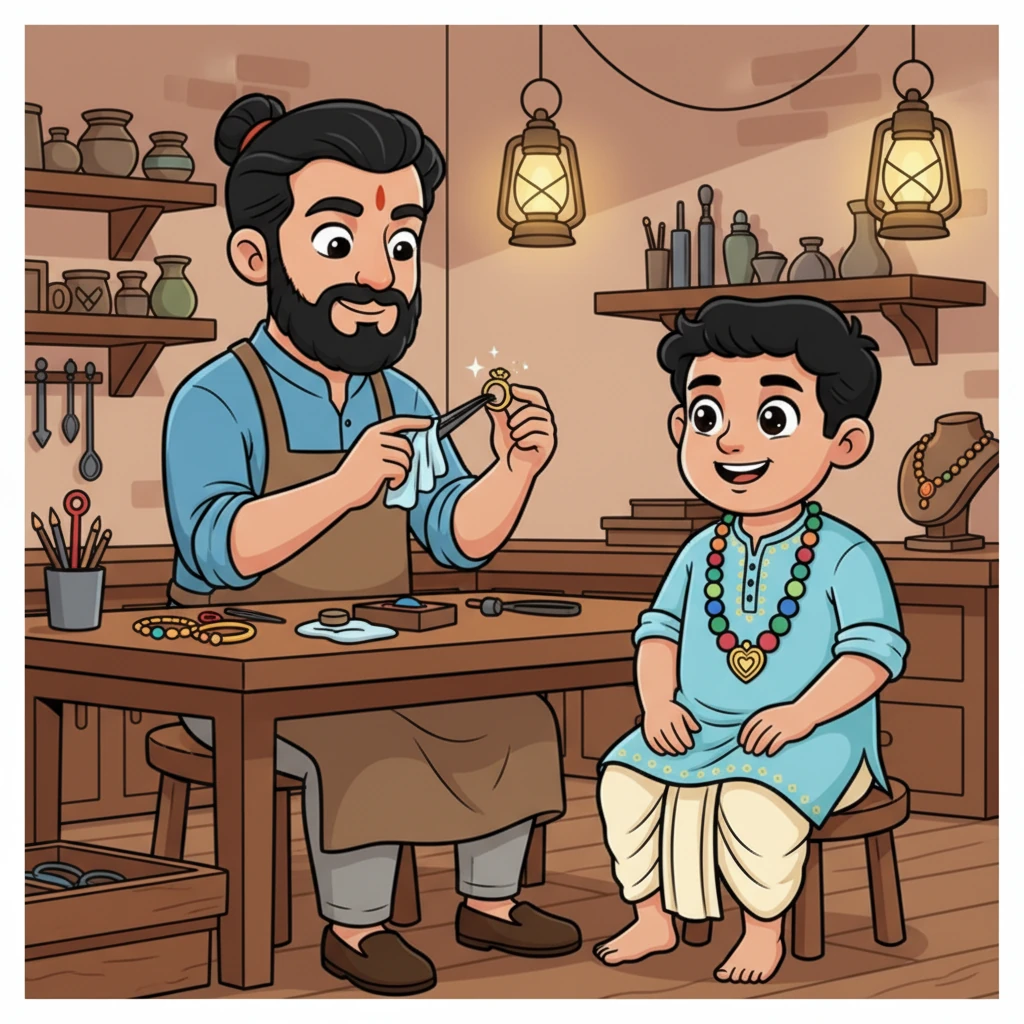 एक आरामदायक कार्यशाला में, एक कुशल कारीगर सावधानी से एक अंगूठी को चमका रहा है। विश्वास, एक बेंच पर बैठा, एक आश्वस्त मुस्कान के साथ देखता है। भले ही गहने मुख्य दुकान से दूर हों, विश्वास की चौकस आँखें उन्हें किसी भी आकस्मिक फिसलन या क्षति से सुरक्षित रखती हैं।