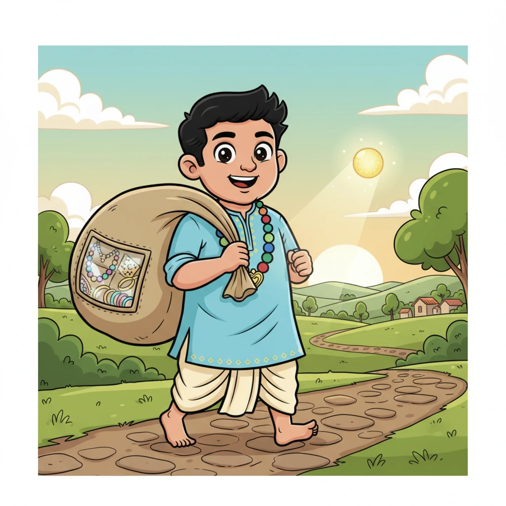 हार्ष वोरा लिखा एक रंगीन ट्रक, या एक सुरक्षित थैले के साथ एक पारंपरिक 'अंगड़िया', एक सुंदर परिदृश्य में यात्रा करता है। अंदर, कई गहने सुरक्षित रूप से रखे हुए हैं। विश्वास, अब एक छोटी चमकती रोशनी, यात्रा का मार्गदर्शन करता है, यह सुनिश्चित करता है कि हर पैकेज अपने गंतव्य तक पूरी तरह से पहुँचे।