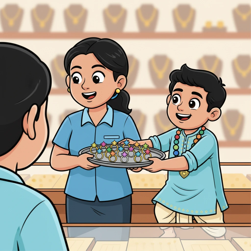 एक दोस्ताना कर्मचारी, बात करते हुए व्यस्त, लगभग एक ट्रे अंगूठियों को लावारिस छोड़ देता है। विश्वास, एक त्वरित, कोमल धक्का के साथ, कर्मचारी को याद दिलाने में मदद करता है, जिससे वे मुस्कुराते हुए अंगूठियों को सुरक्षित कर लेते हैं। यह एक याद दिलाता है कि छोटी मानवीय त्रुटियों पर भी ध्यान रखा जाता है।