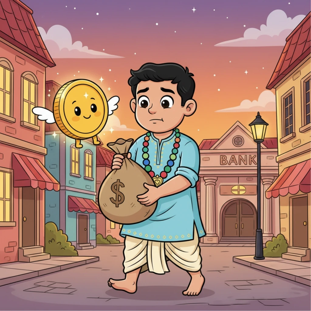 जैसे ही शाम होती है, दिन की कमाई का एक थैला सावधानी से बैंक ले जाया जाता है। विश्वास, अब एक चमकता हुआ सिक्का, व्यक्ति के साथ-साथ चलता है, यह सुनिश्चित करता है कि पैसा किसी भी झटके या शरारती आँखों से सुरक्षित रहे जब तक कि वह सुरक्षित रूप से जमा न हो जाए।