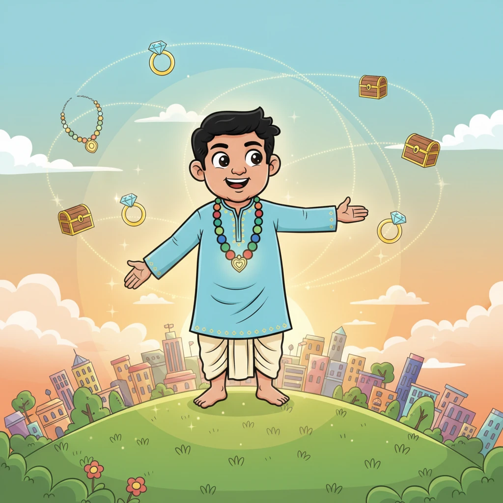 विश्वास लंबा खड़ा है, एक चमकते हुए आभा से घिरा हुआ है, पूरे शहर की ओर इशारा कर रहा है। वह समझाता है कि 'हार्ष वोरा ज्वेलरी इंश्योरेंस' वह अदृश्य, अटूट दोस्त है जो सिर्फ़ सोने और हीरों को ही नहीं, बल्कि पीढ़ियों के भरोसे, सपनों और मेहनत को भी बचाता है।