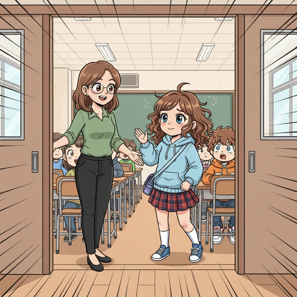 But on this particular day, all eyes shifted away from Yuje, turning instead towards the classroom door. The class teacher, with a warm smile, announced, "Students, meet our new transfer student from Russia, Alya."