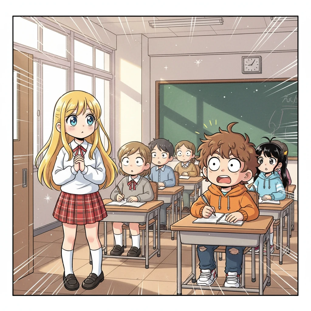 Alya stepped inside, her golden blonde hair shimmering in the sunlight like spun gold. Her eyes were a striking, crystal-clear blue, captivating everyone. A pin-drop silence fell over the entire classroom, broken only by the soft rustle of her uniform. Ayam, lifting his gaze from his notebook, found himself staring, utterly mesmerized. He had never seen anyone so beautiful.