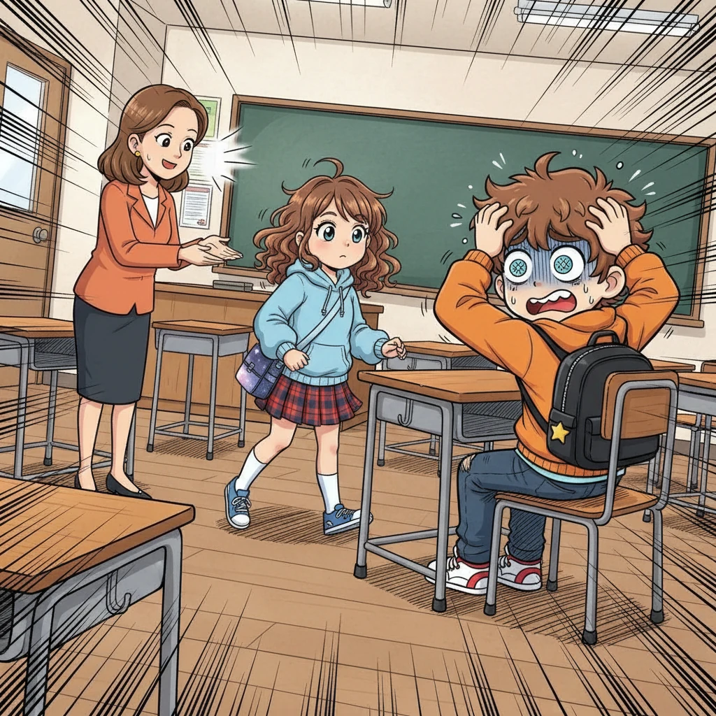 The teacher smiled kindly. "Alya, please take the empty seat next to Ayam." Ayam's heart pounded furiously in his chest. 'Next to me? Why?!' he thought, a wave of panic washing over him. The world seemed to tilt.