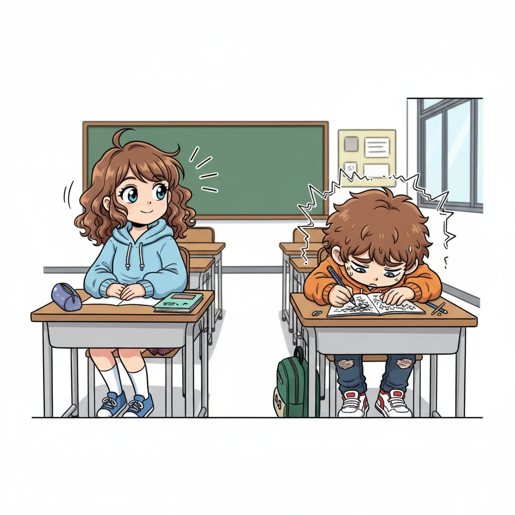 Alya glanced at Ayam and offered a small, polite smile. Ayam, completely frozen by nervousness, could only manage to quickly lower his head. He frantically began drawing random lines in his notebook, desperate to avoid eye contact.