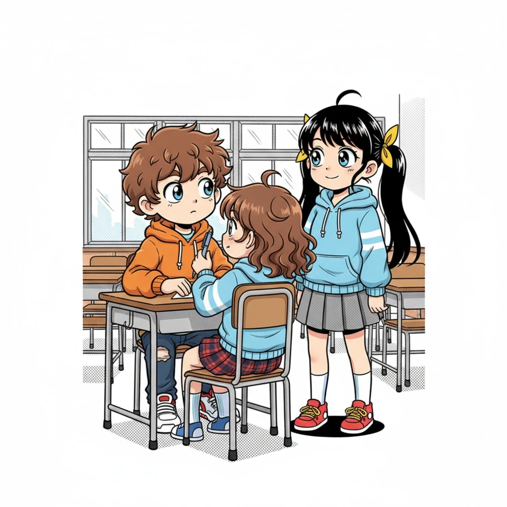 Then, Alya spoke in clear English, "Excuse me, can I borrow a pen? My bag is still on its way." Yuje, who was seated in front, immediately spun around, his brightest smile plastered on his face. "Sure! I can lend you one!" he offered eagerly. However, Alya ignored Yuje completely, her crystal blue eyes fixed solely on Ayam, patiently awaiting his answer.