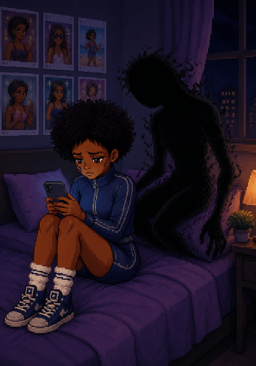 One evening, while scrolling through social media, Naomi begins to feel a strange weight in her heart as she compares herself to the filtered images on her screen. A small, wispy dark shadow appears beside her, born from the quiet thought that she might not be good enough exactly as she is.